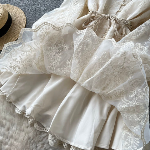 Courtly Flared Sleeve Lace Dress