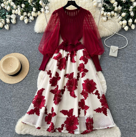 Faux Two-pieces Floral Patchwork Dress