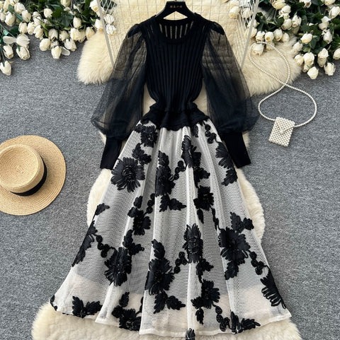 Faux Two-pieces Floral Patchwork Dress