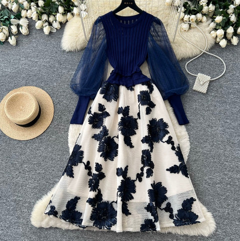 Faux Two-pieces Floral Patchwork Dress
