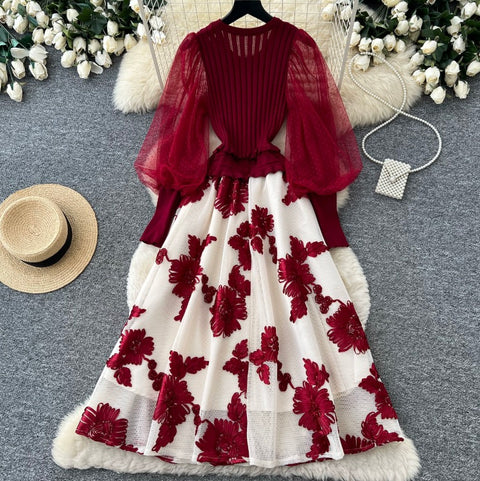 Faux Two-pieces Floral Patchwork Dress
