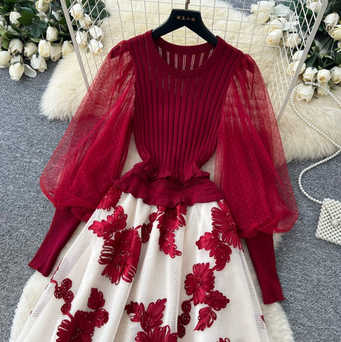 Faux Two-pieces Floral Patchwork Dress