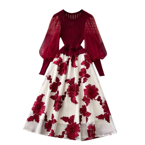 Faux Two-pieces Floral Patchwork Dress