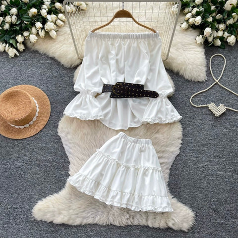Off-shoulder Top & Pleated Skirt 2Pcs