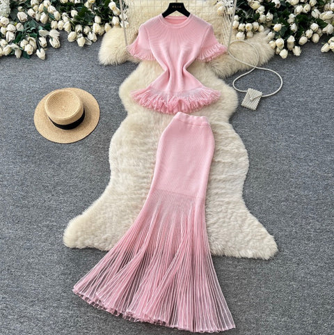 Ruffled Knitwear & Slim Skirt 2Pcs