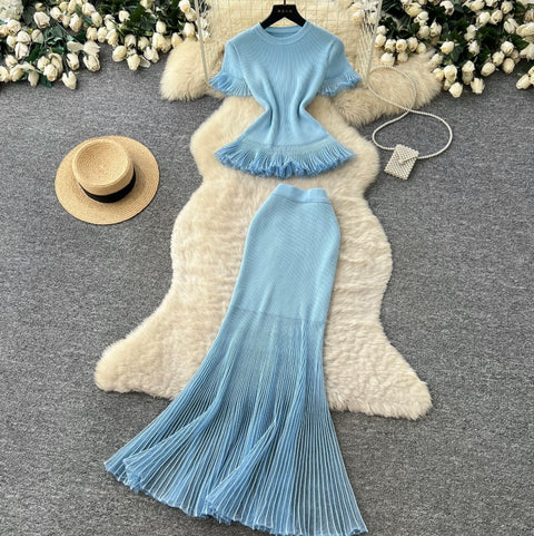 Ruffled Knitwear & Slim Skirt 2Pcs
