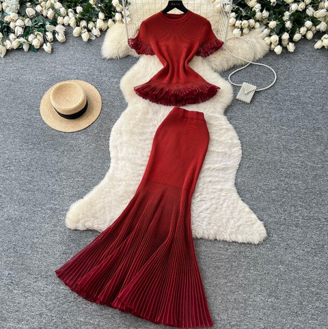 Ruffled Knitwear & Slim Skirt 2Pcs
