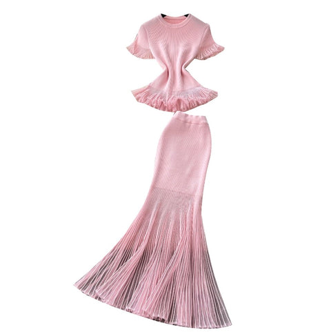 Ruffled Knitwear & Slim Skirt 2Pcs