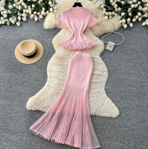 Ruffled Knitwear & Slim Skirt 2Pcs