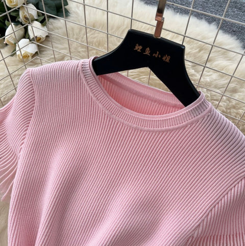 Ruffled Knitwear & Slim Skirt 2Pcs