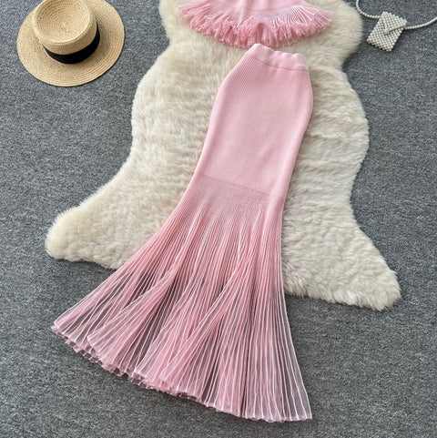Ruffled Knitwear & Slim Skirt 2Pcs