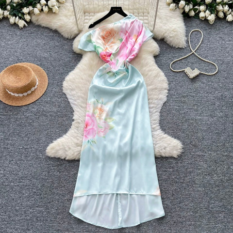 Slant Neckline Printed Dress