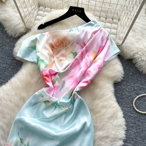 Slant Neckline Printed Dress