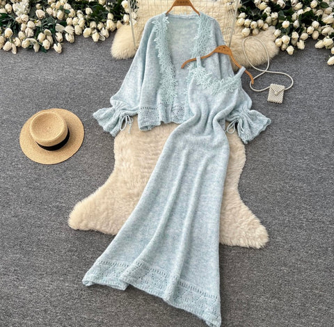 Cardigan & Slip Dress Patchwork 2Pcs