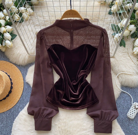 Turtleneck Mesh Patchwork Top