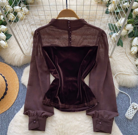 Turtleneck Mesh Patchwork Top