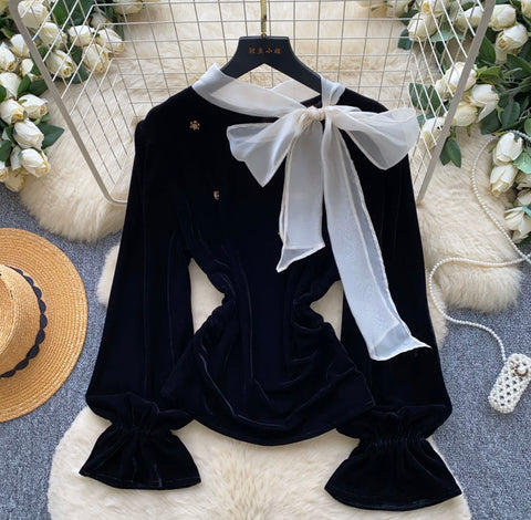 Beaded Bow-tie Velvet Shirt