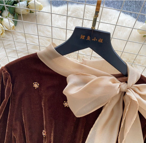 Beaded Bow-tie Velvet Shirt