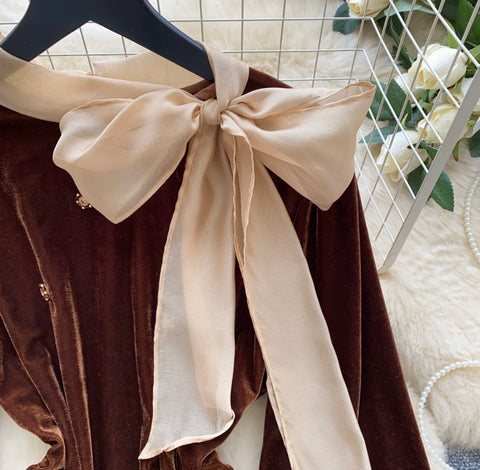 Beaded Bow-tie Velvet Shirt