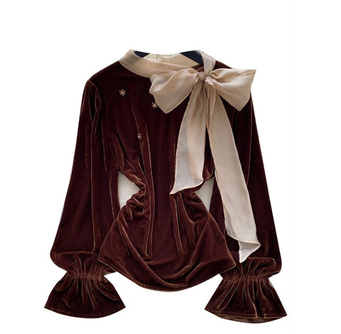 Beaded Bow-tie Velvet Shirt