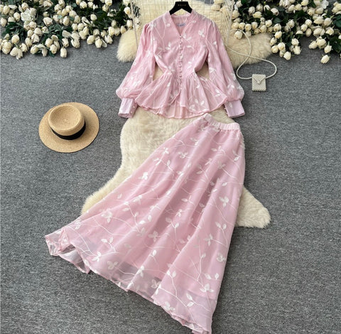 Embroidered Mesh Top & Skirt 2Pcs