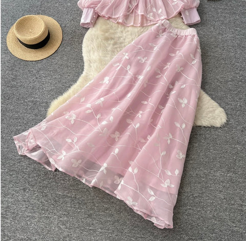 Embroidered Mesh Top & Skirt 2Pcs