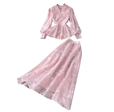Embroidered Mesh Top & Skirt 2Pcs