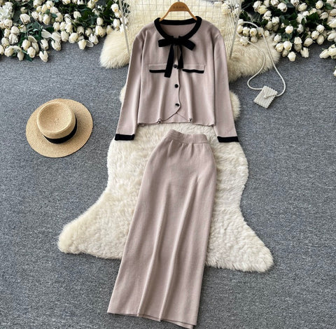 Bow-tie Cardigan & Skirt Knitted 2Pcs