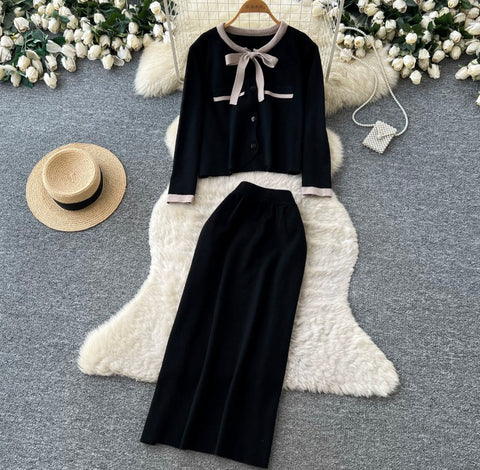 Bow-tie Cardigan & Skirt Knitted 2Pcs