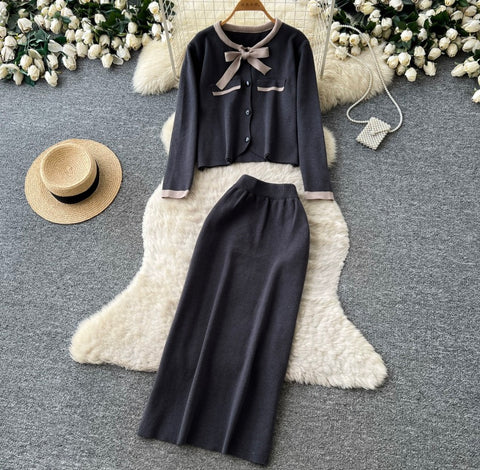 Bow-tie Cardigan & Skirt Knitted 2Pcs