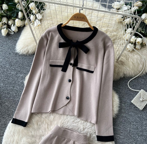Bow-tie Cardigan & Skirt Knitted 2Pcs