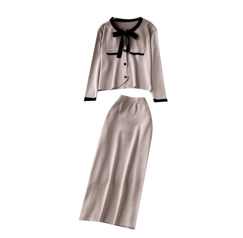 Bow-tie Cardigan & Skirt Knitted 2Pcs