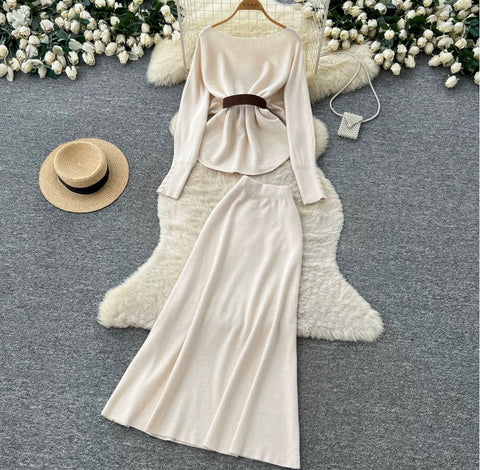 Off-shoulder Sweater & Skirt Knit 2Pcs