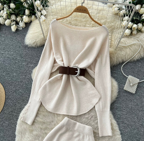 Off-shoulder Sweater & Skirt Knit 2Pcs