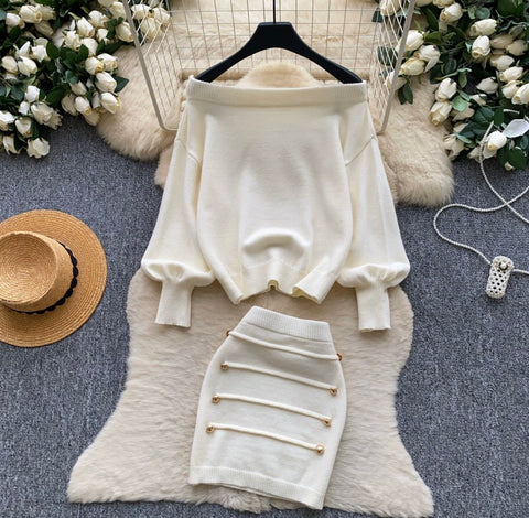 Off-shoulder Sweater & Skirt Elegant 2Pcs