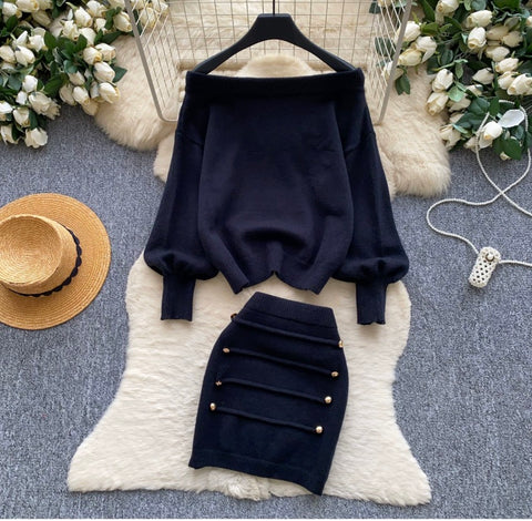 Off-shoulder Sweater & Skirt Elegant 2Pcs