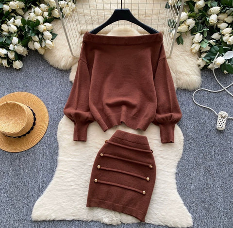 Off-shoulder Sweater & Skirt Elegant 2Pcs
