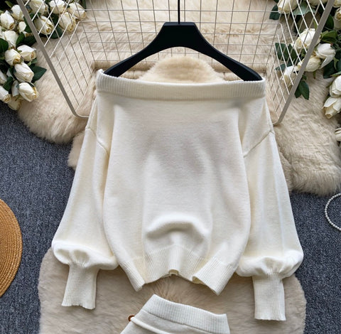 Off-shoulder Sweater & Skirt Elegant 2Pcs