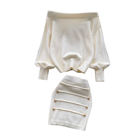 Off-shoulder Sweater & Skirt Elegant 2Pcs