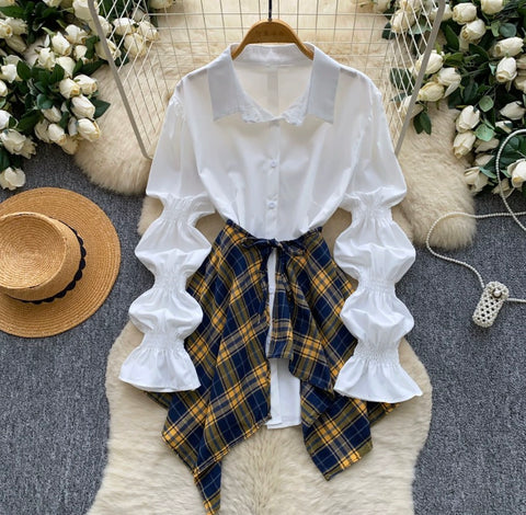 White Shirt & Plaid Skirt 2Pcs