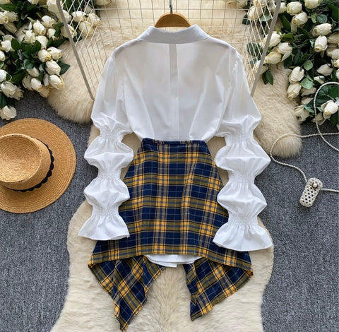 White Shirt & Plaid Skirt 2Pcs