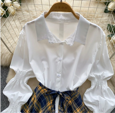 White Shirt & Plaid Skirt 2Pcs