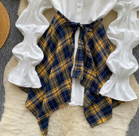 White Shirt & Plaid Skirt 2Pcs