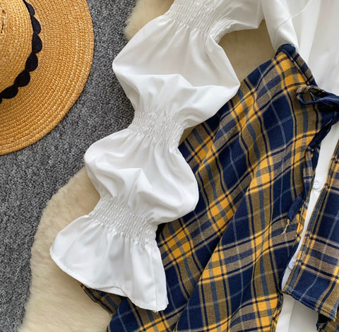 White Shirt & Plaid Skirt 2Pcs