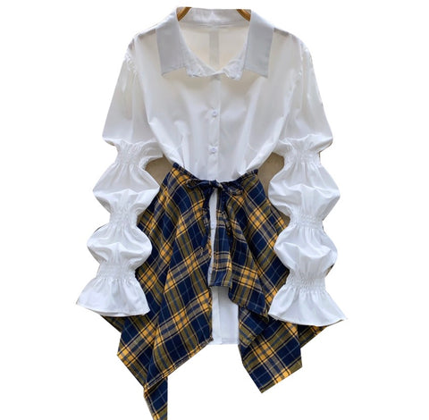 White Shirt & Plaid Skirt 2Pcs