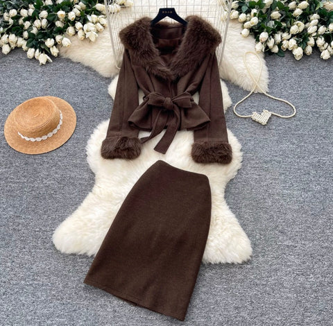Furry-collar Coat & Skirt Thermal 2Pcs