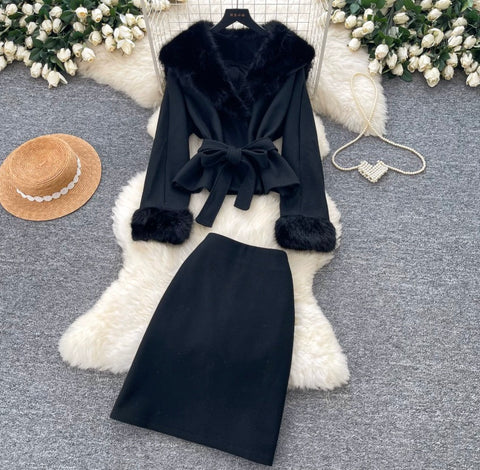 Furry-collar Coat & Skirt Thermal 2Pcs