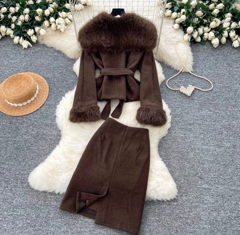 Furry-collar Coat & Skirt Thermal 2Pcs