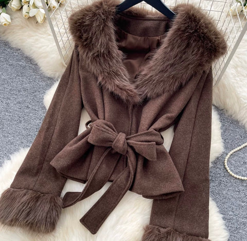 Furry-collar Coat & Skirt Thermal 2Pcs