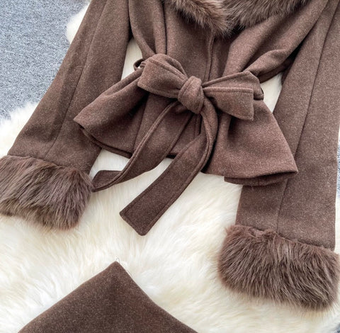 Furry-collar Coat & Skirt Thermal 2Pcs